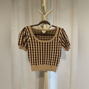 LE LIS brown and cream checkered knit top